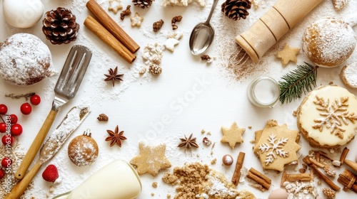 Festive Holiday Baking Scene with Assorted Christmas Cookies and Spices Arranged on a White Surface