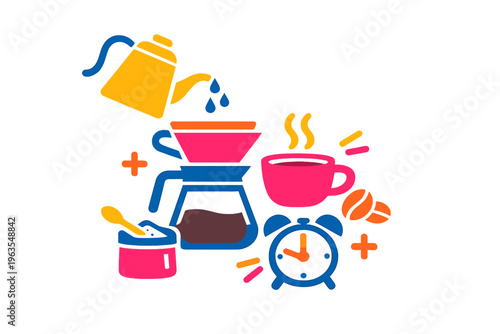 Morning coffee preparation with various tools and items on white background