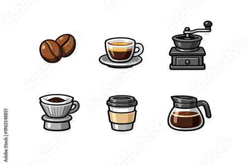 Various coffee-related items are shown in a simple design, including coffee beans, cups, and equipment for making coffee