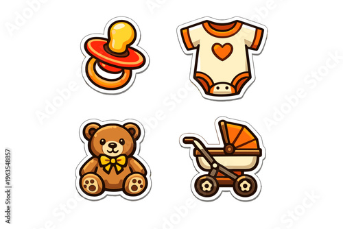 Cute baby items with a pacifier, onesie, teddy bear, and stroller shown in bright colors for a playful theme