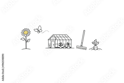 Gardening activities and elements showing plants, a greenhouse, and tools in a simple design