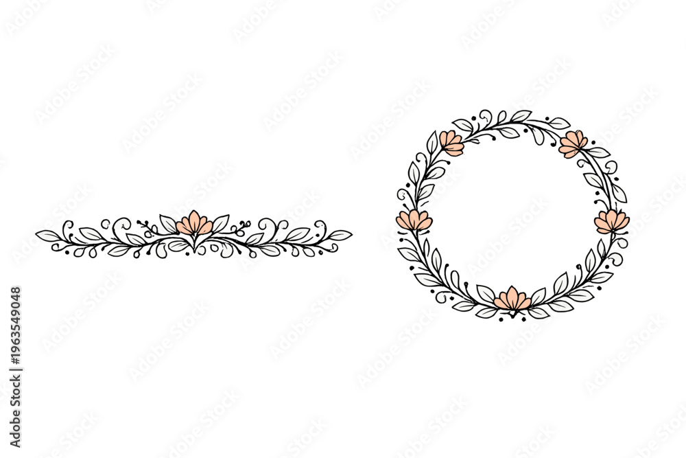 Obraz premium Floral design elements featuring a decorative border and a circular wreath suitable for crafting and decoration