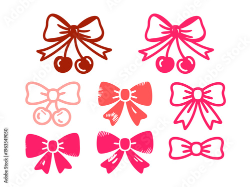 Collection of hand drawn pink and red bows with cherries white background ribbon
