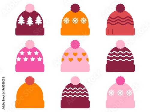 Collection of flat winter beanies with pom poms and festive patterns