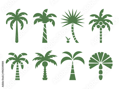 Collection of stylized green palm tree with varied trunk and frond