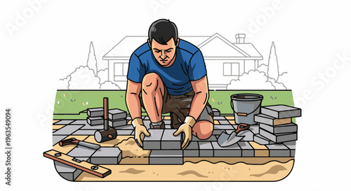 Person laying down patio pavers in front of a house