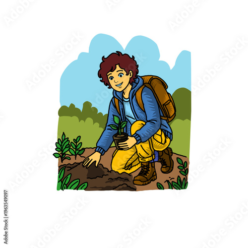 Young man planting a small tree in the ground. Concept of reforestation, environmental protection, and green lifestyle. Modern flat vector illustration for ecology and earth day project.