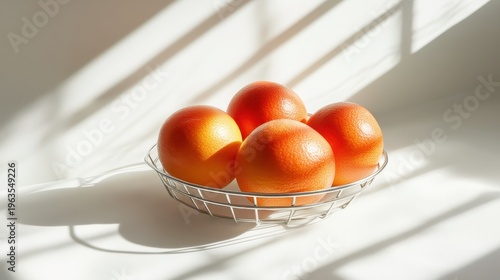 Four Ripe Grapefruits in a Wire Basket Bathed in Soft Sunlight with Striking Shadow Patterns