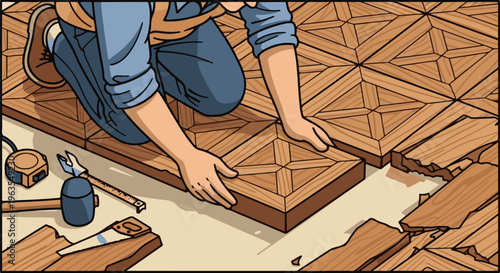 Person installing patterned wood flooring with tools nearby