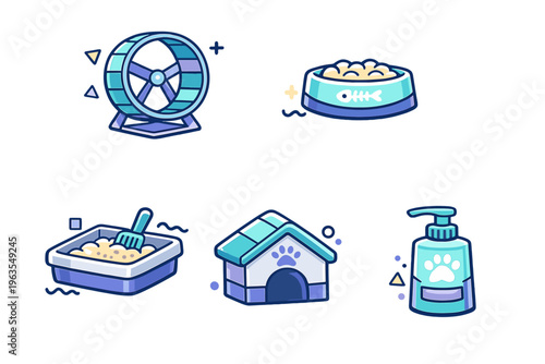 Various pet items including a wheel, food bowl, litter box, dog house, and cleaning bottle for pet care