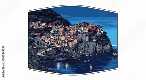 Pixel art of a colorful cliffside village overlooking a blue ocean at dusk