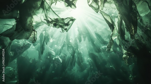 Marine life navigating through floating plastic waste in a sunlit polluted ocean with underwater perspective