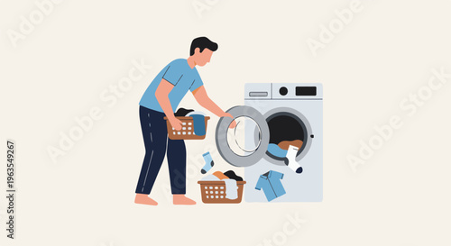 Person loading laundry basket into a washing machine, with clothes scattered