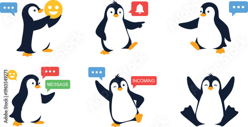 Cute Cartoon Penguin Character Set Holding Message, Notification, Chat, and Emoji Icons in Playful Poses for Digital Communication, Social Media, and App Vector Illustrations