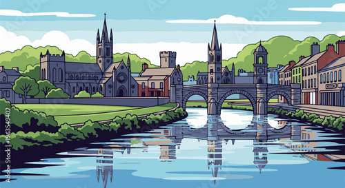 Pixel art of a serene riverside town with ancient architecture and a bridge