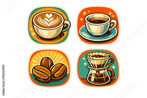 Different types of coffee drinks and coffee beans displayed in an artistic style on a colorful background