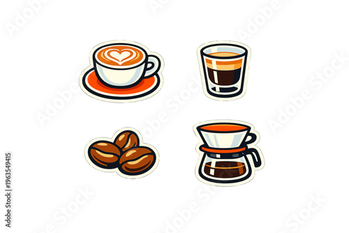 Different types of coffee and coffee drinks shown in a simple design with cups, beans, and brewing tools