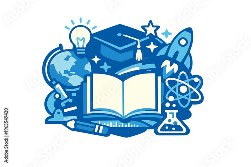 Creative design showing science and education symbols with a book, globe, light bulb, rocket, and graduation cap