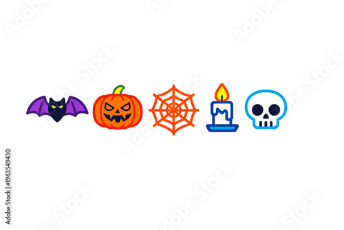 Halloween decorations with bat, pumpkin, spider web, candle, and skull on a white background