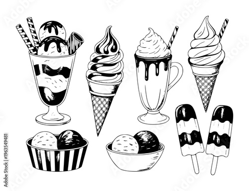 Hand Drawn Black and White Ice Cream Sundaes Cones Popsicles and Scoops White Background