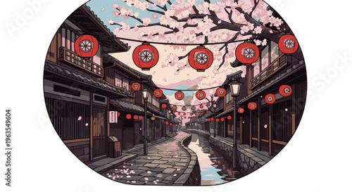 Pixel art scene of a Japanese street lined with traditional buildings and lanterns