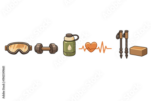 Fitness gear and health symbols showing activities and tools for active lifestyle in a cartoon style