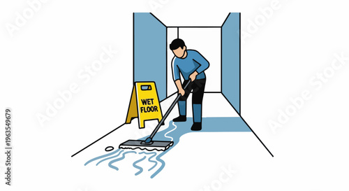 Person mopping a wet floor in a hallway with a warning sign
