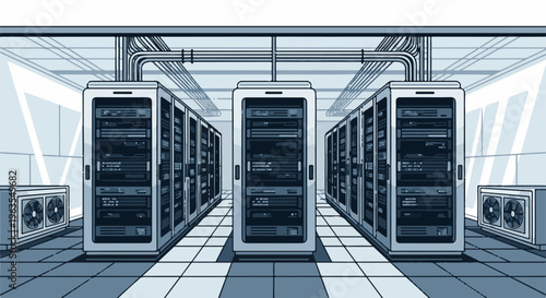 Pixel art server room with rows of racks and cooling units