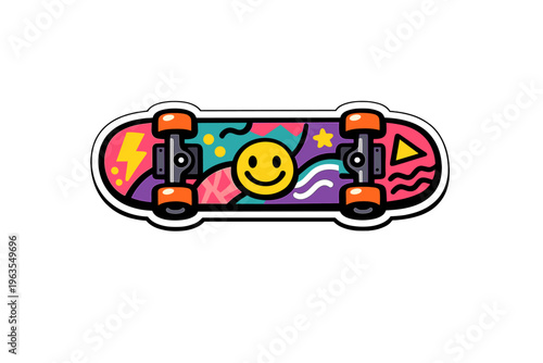 Bright skateboard design with colorful patterns and a smiley face, captured in a playful style