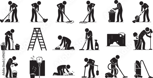 Silhouette illustrations of various cleaning and maintenance activities