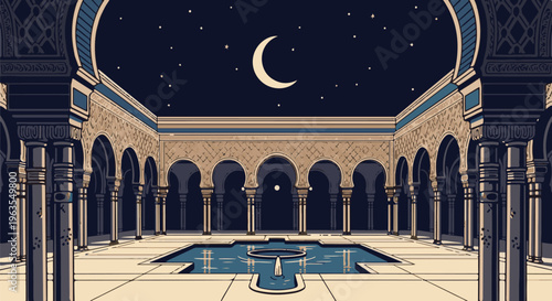 Pixel art courtyard with fountain under a starry night sky with moon