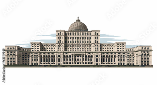 Pixel art depiction of a grand, imposing neoclassical building with a central dome
