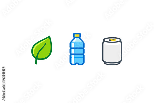Icons showing recycling symbols with a leaf, a water bottle, and an aluminum can for environmental awareness and recycling efforts