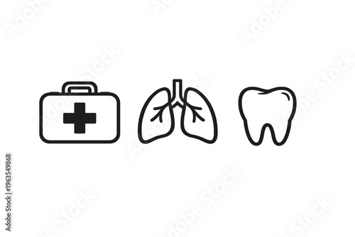 Icons showing a first aid kit, lungs, and a tooth in black outlines depicting health and medical themes for various body parts