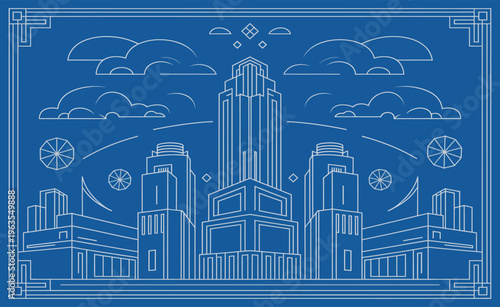 Art deco city skyline illustration in framed line art style for vintage poster design, retro architectural branding, and urban themed print projects
