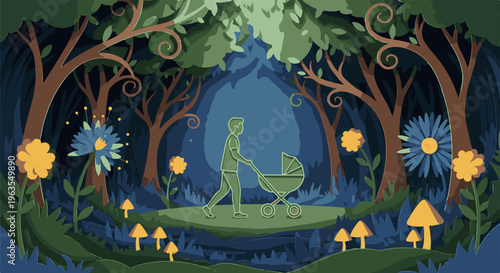 Person pushing stroller through enchanted forest with whimsical flora
