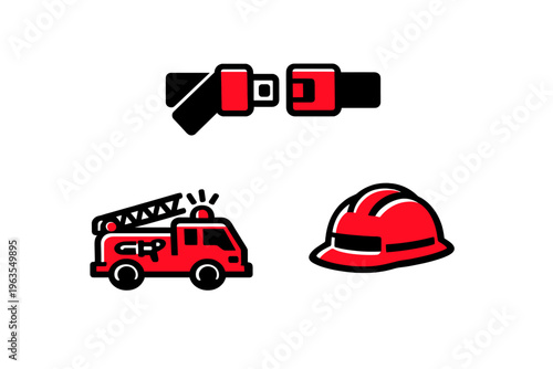 Fire safety equipment with a helmet, truck, and seatbelt for training and awareness