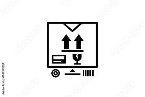Warning symbols on a package highlighting fragile items and handling instructions for delivery and transport purposes