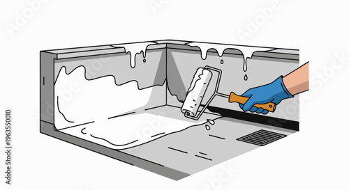 Person painting interior walls and floor with a roller, dripping paint