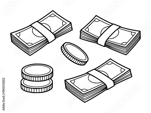 Hand drawn of stacks of cash and coins a white background money currency