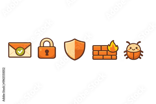 Icons representing cybersecurity concepts including email security, passwords, firewalls, and malware protection in simple design