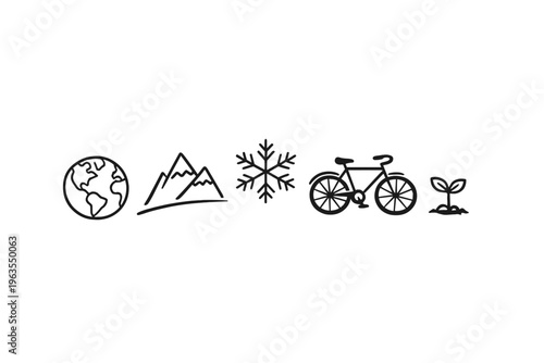 Different symbols represent nature, winter activities, and outdoor sports in clear black outlines on a white background