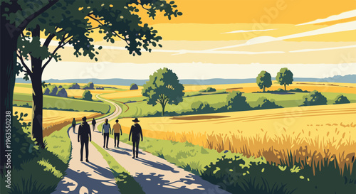 People walk on a path through rolling golden fields under a bright, cloudy sky