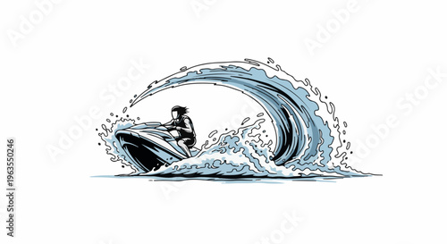 Person riding a jet ski through a crashing wave