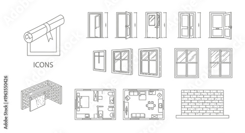Collection of architectural and construction line icons including windows, doors, bricks, floor plans, and a scroll, isolated white background.