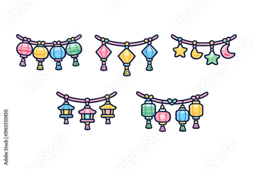 Colorful hanging lanterns and shapes displayed in a decorative arrangement for a festive occasion