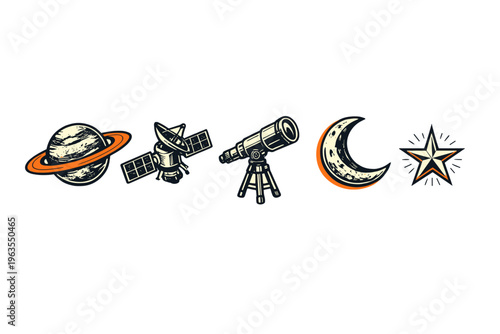 Exploration of space with satellite, telescope, planet, moon, and star in clear night sky