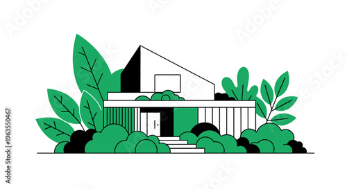 Minimalist modern house with large windows and vibrant green plants, surrounded by lush bushes on a bright background.