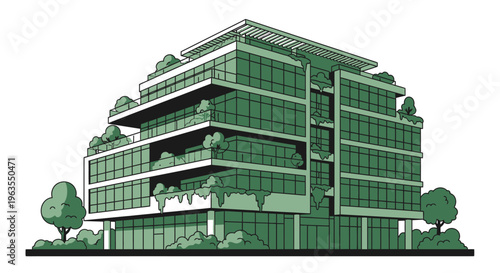 Modern green eco-friendly building with balconies and abundant plants, surrounded by trees in an urban landscape, isolated white background.