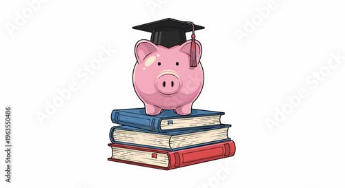 Pink piggy bank with graduation cap on stack of books